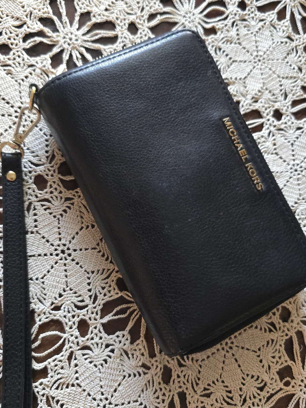 Michael Kors Black Leather Wristlet Wallet with Gold Hardware